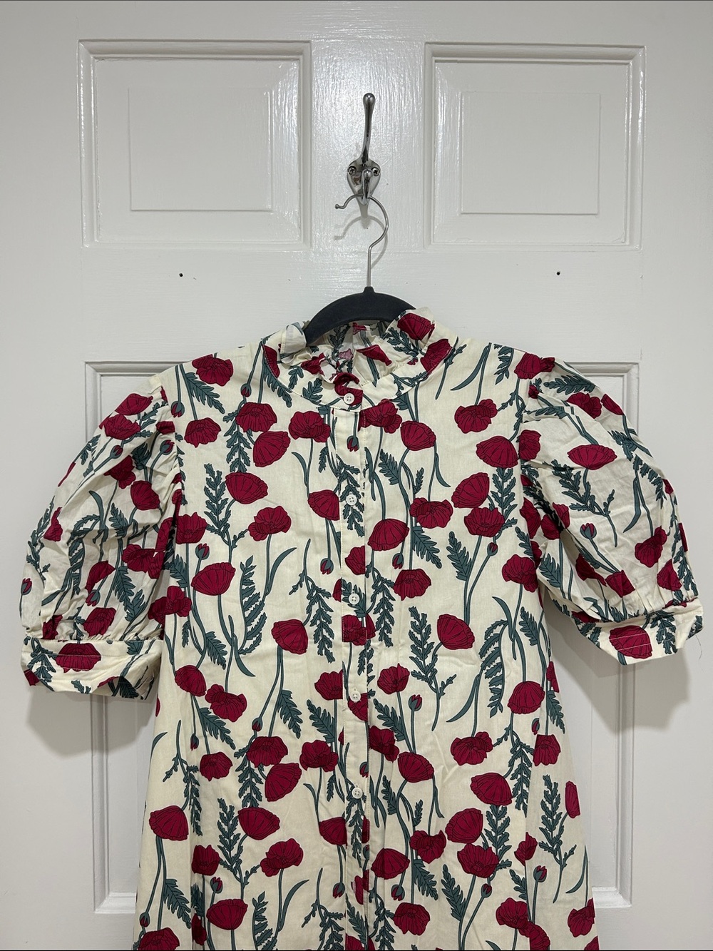 Puff-Sleeve Maxi Dress in Cream with Red Floral Print - Picture 2 of 5